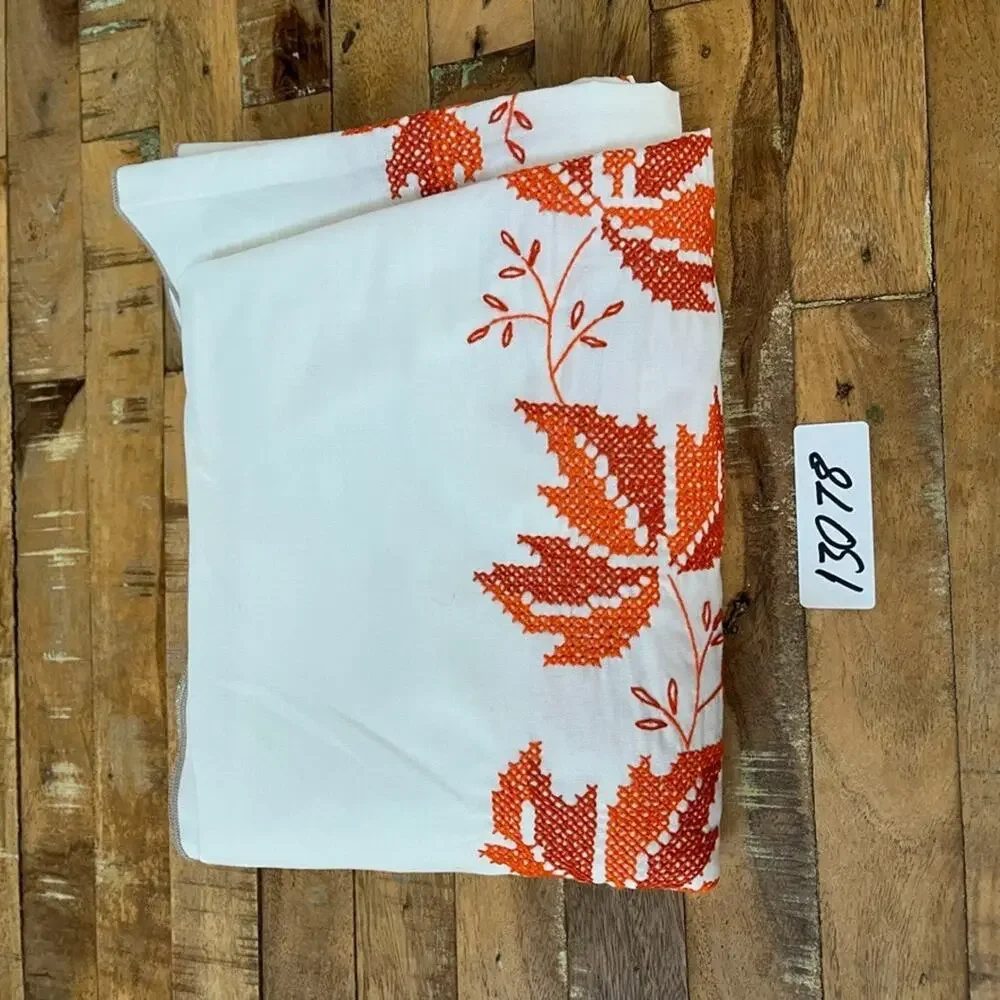 Vintage Tablecloth 57 in x 83 in Orange & Red Cross-Stitch Leaves Pattern